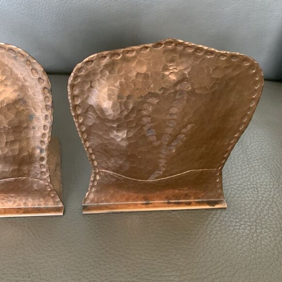 Vintage Hammered Copper Bookends Pair Rustic Tree Motif MCM Artsy Brutalist - Picture 5 of 16